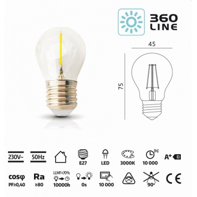 Žiarovka LED 1,3W, E27, 3000K, 230V, LED filament, globo