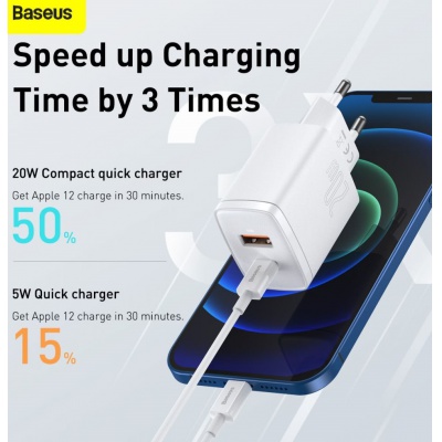 Sieťová nabíjačka USB+USB-C 20W Compact Quick Charger BASEUS