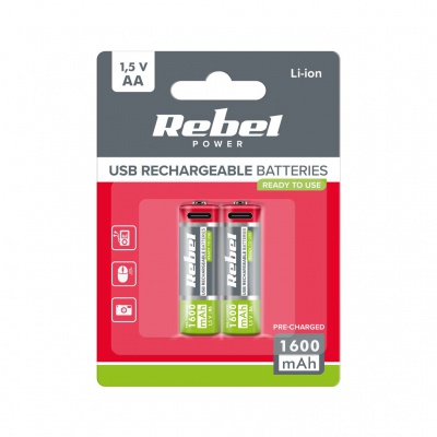 Akumulátory REBEL AA, 1600 mAh, Li-ion, 1,5V, 2ks/bl, R6, USB-C