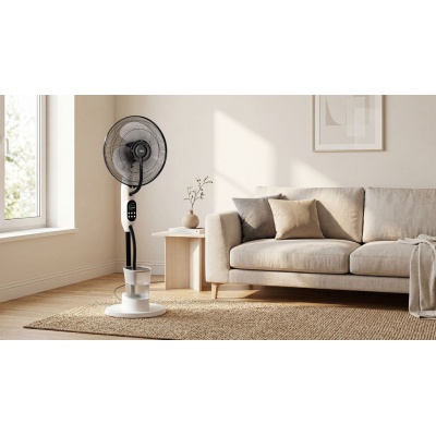 Stojaci ventilátor s funkciou hmly - biely