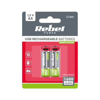 Akumulátory REBEL AA, 1600 mAh, Li-ion, 1,5V, 2ks/bl, R6, USB-C
