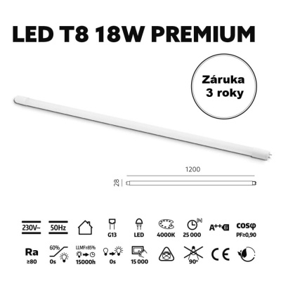 LED trubica T8 18W 4000K 120cm sklenená PREMIUM