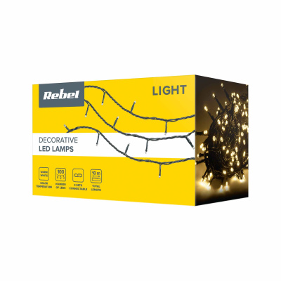 Vianočná LED reťaz teplá biela IP44 10m 8 režimov REBEL