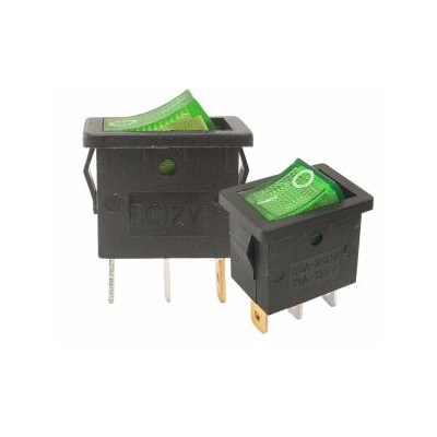 Prepínač kolískový mini 3pin 230V zelený