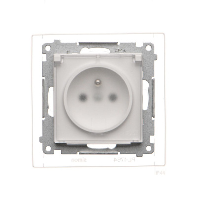 Zásuvka 250 V Simon 55 IP44 s clonkami modul biela matná/transp