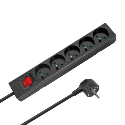 Predlžovací kábel s vypínačom 5 zásuviek, 2m, čierny (3x1,5 mm2)
