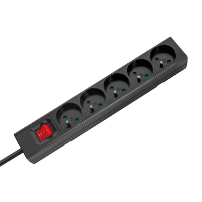 Predlžovací kábel s vypínačom 5 zásuviek, 2m, čierny (3x1,5 mm2)