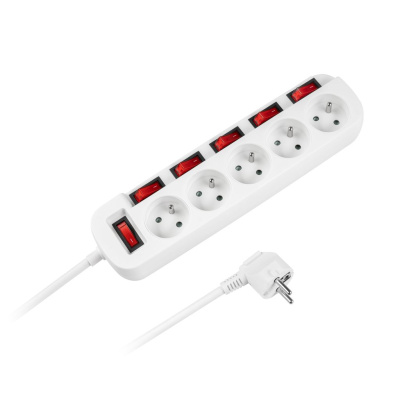 Predlžovací kábel 5 zásuviek s vypínačmi, 3 m, biely